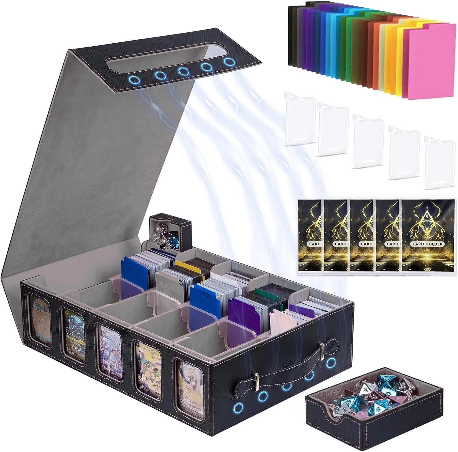 5-Row Trading Card Storage Box,MTG Commander Deck Box with Window Dice Tray for Toploarders, Black Grey