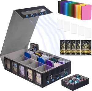 5-Row Trading Card Storage Box,MTG Commander Deck Box with Window Dice Tray for Toploarders, Black Grey