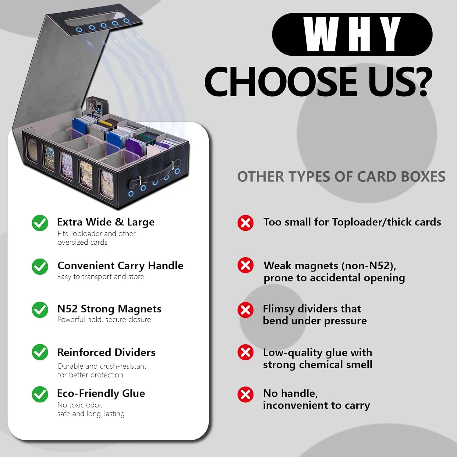 5-Row Trading Card Storage Box,MTG Commander Deck Box with Window Dice Tray for Toploarders, Black Grey