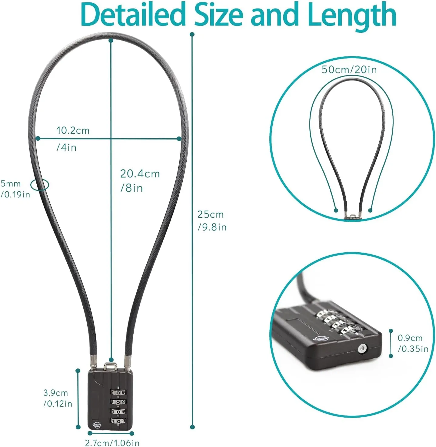 50CM/20in Long Cable Locks Cable 4-Digit Combination Lock Re-settable Combination Security Cable Lock Luggage Suitcase Gun Helmet Gun Black 2-Pack