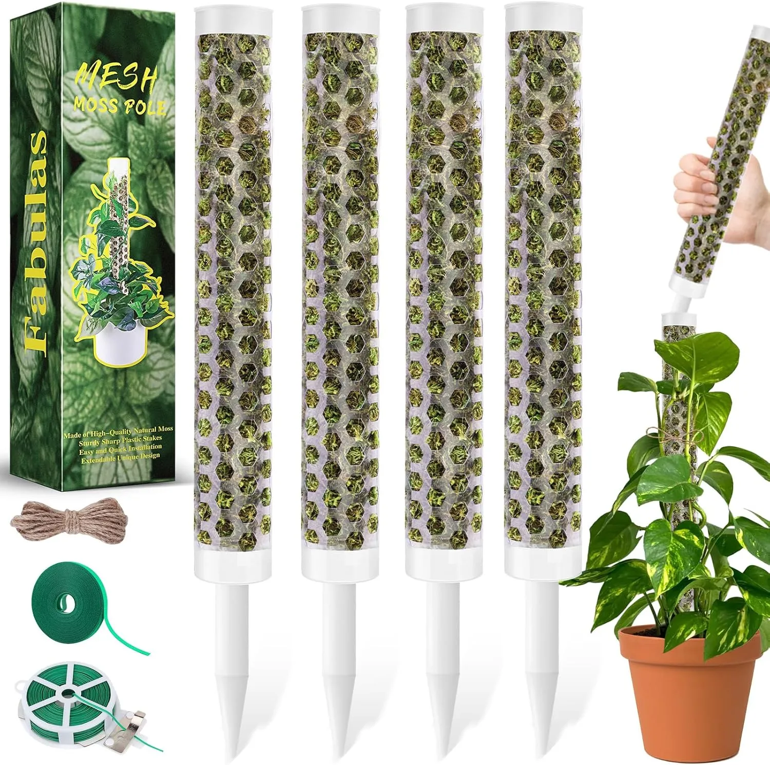 55 Inch Moss Pole Monstera Plant Support, 4 Pack 17 Inch Plant Support Stakes for Indoor Climbing Plants, Stackable Sphagnum Moss Pole Sticks for Garden Potted Planter, Pothos, Philodendron