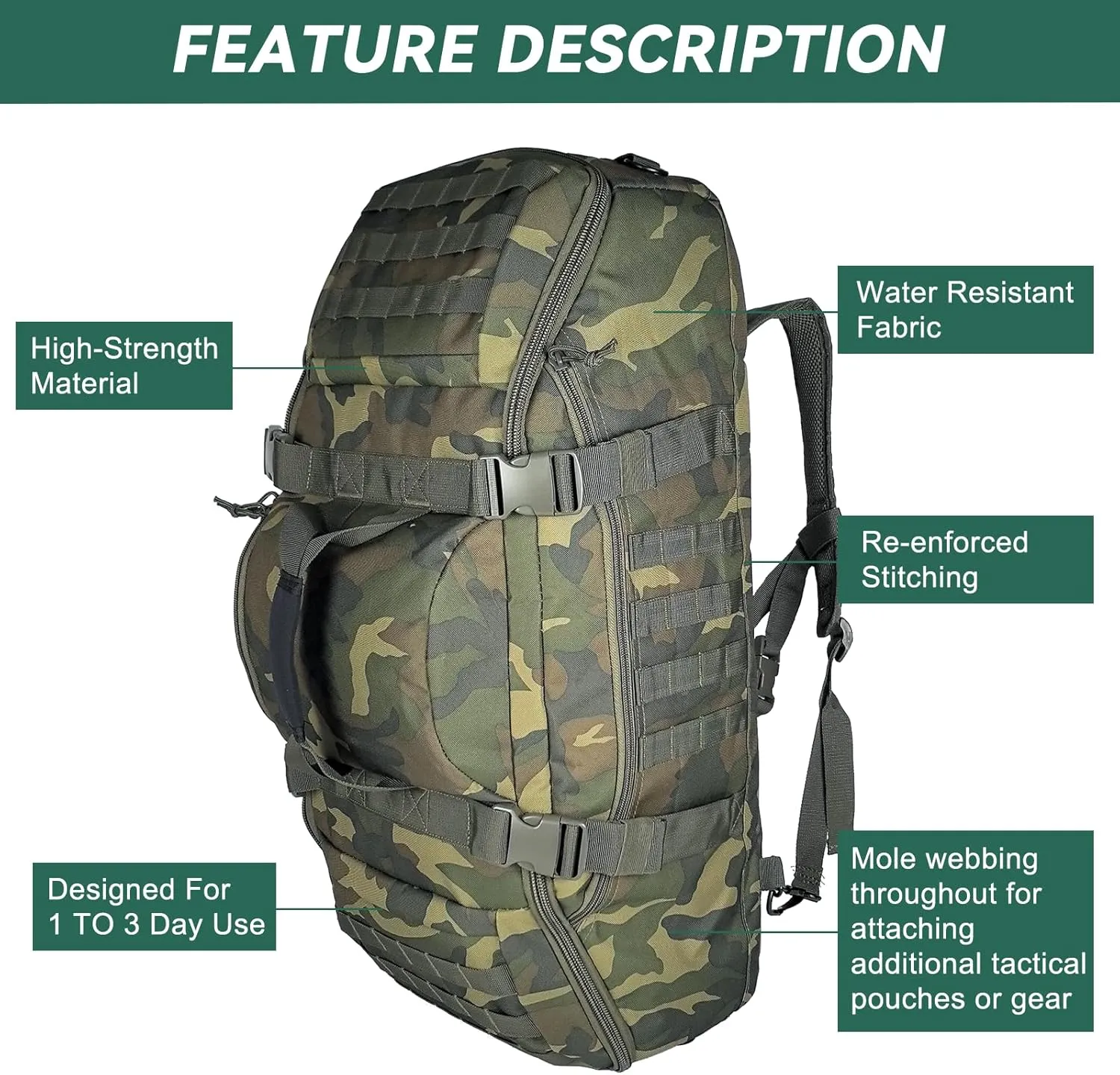 55L Large Duffle Bag, 3-in-1 Tactical Backpack MOLLE Pack for Sports, Gym, Outdoor, US Woodland