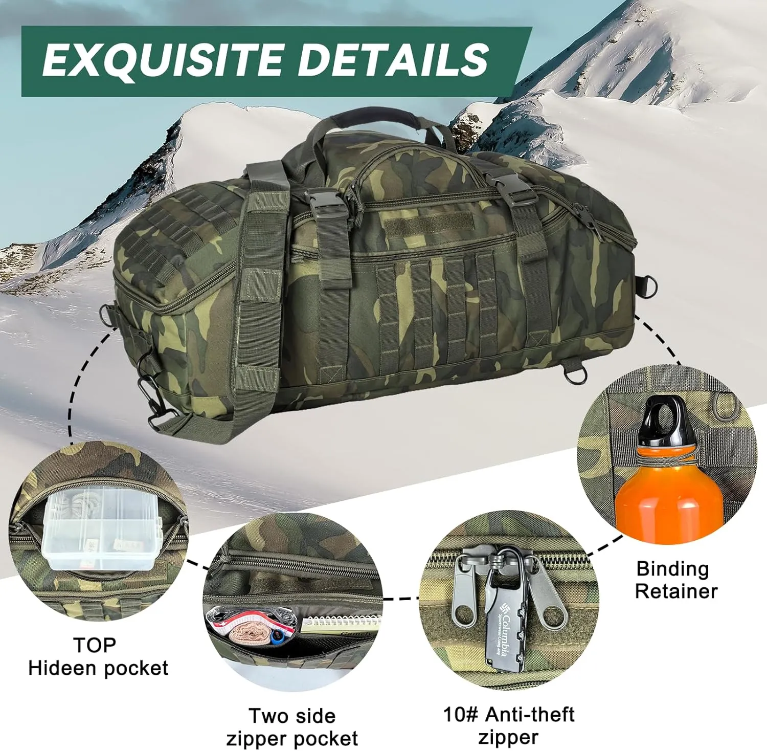 55L Large Duffle Bag, 3-in-1 Tactical Backpack MOLLE Pack for Sports, Gym, Outdoor, US Woodland