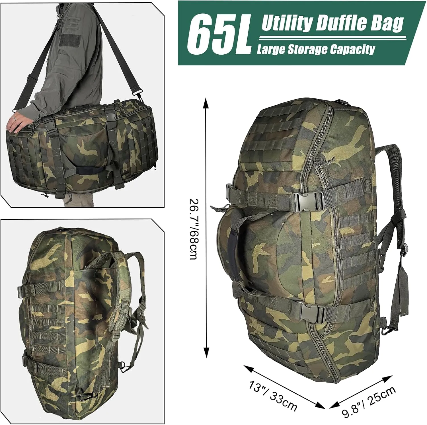 55L Large Duffle Bag, 3-in-1 Tactical Backpack MOLLE Pack for Sports, Gym, Outdoor, US Woodland