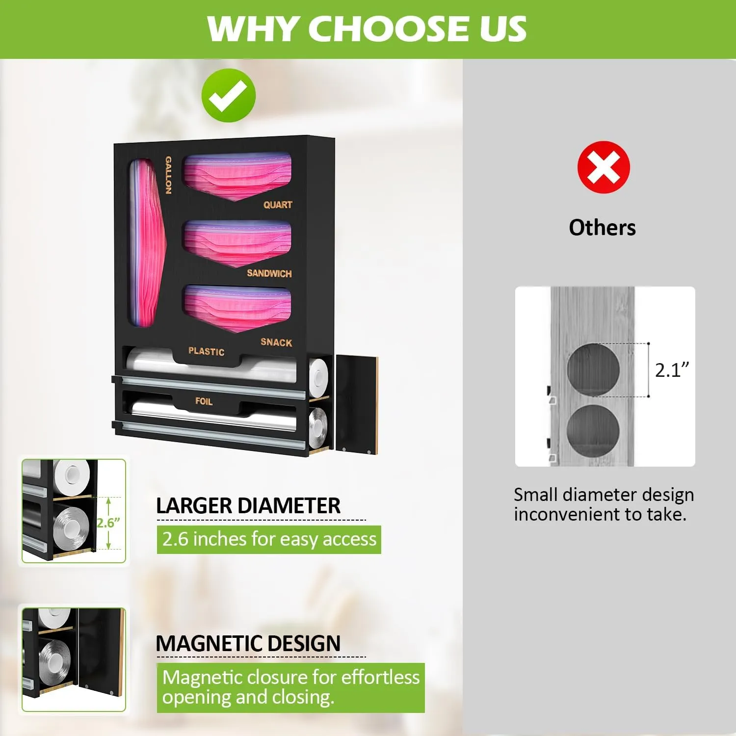 6 in 1 Bag Organizer and Wrap Dispenser with Magnetic Lid - Plastic Wrap Dispenser with Cutter for Kitchen Drawer, Storage for Gallon, Quart, Sandwich, Snack Bags, and Foil Black