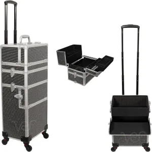 6 in 1 Professional Aluminum Interchangeable Rolling Makeup Train Case Large Capacity Trolley Travel Storage Cosmetic Organizer Portable Extra Lid