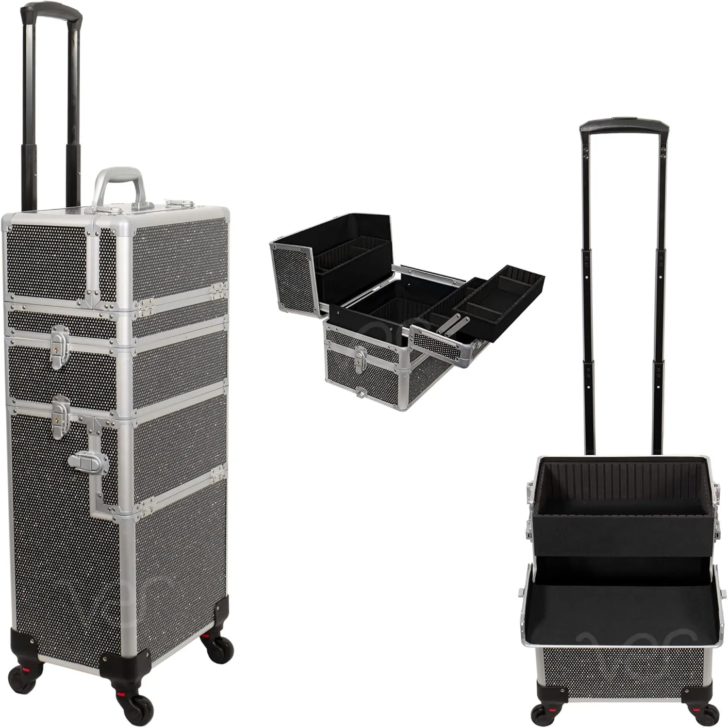 6 in 1 Professional Aluminum Interchangeable Rolling Makeup Train Case Large Capacity Trolley Travel Storage Cosmetic Organizer Portable Extra Lid