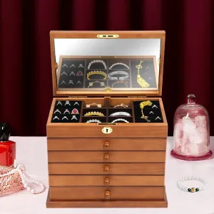 6 Tier Wooden Jewelry Box for Women Organizer Box with Lock & Mirror for Jewelries Watches Necklace Ring Lockable Storage Case (Brown)