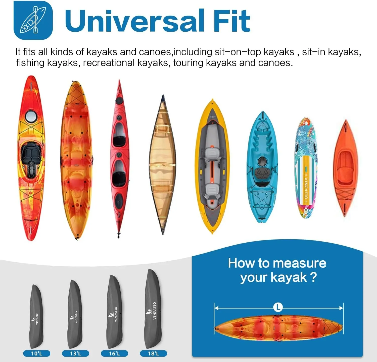 600D Waterproof Kayak Cover 16ft: Upgraded Full Coverage Zipper Closure Canoe Cover for Boat Outdoor Storage, UV-Protection Dustproof Paddle Board Bag for Fishing Boat