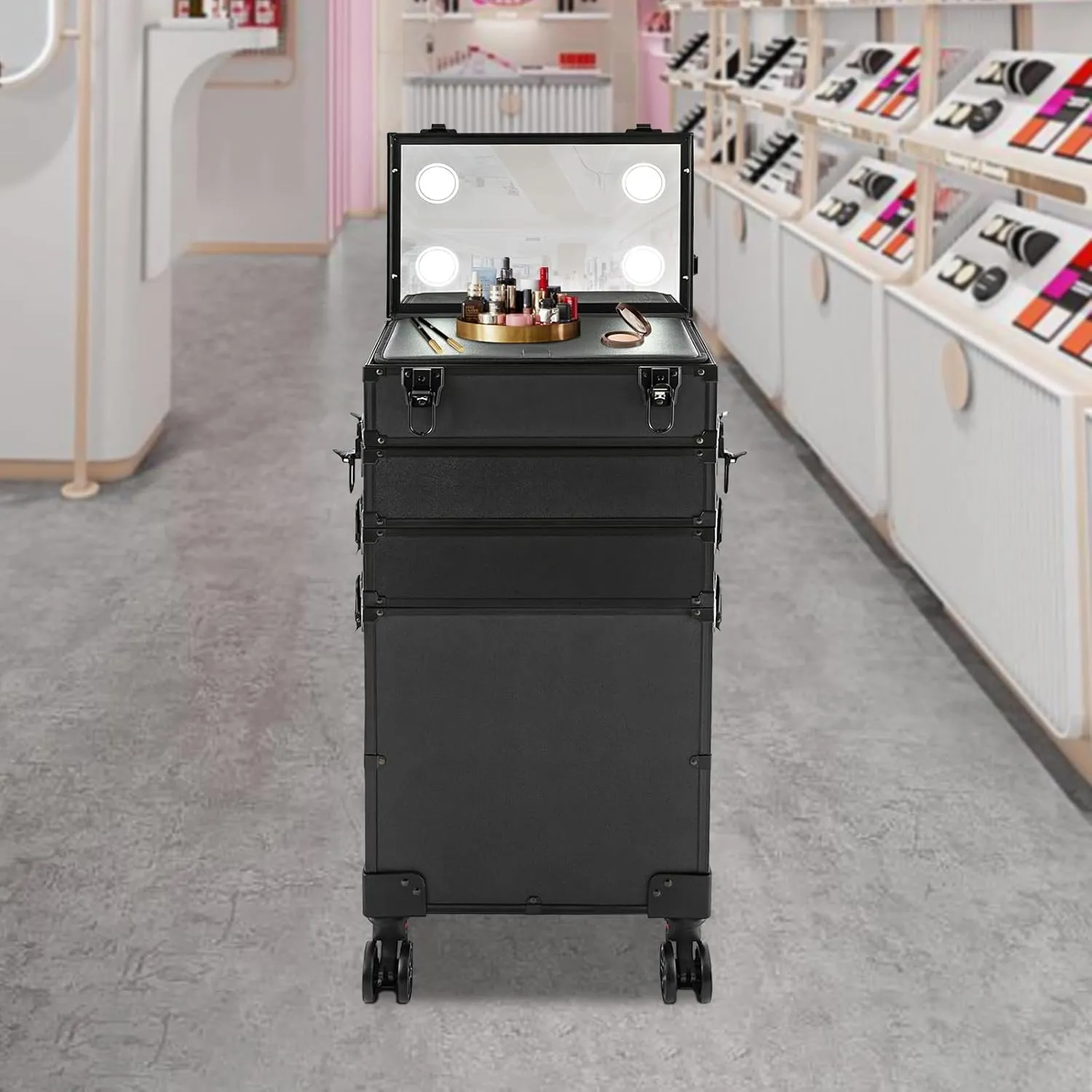 6in1 Rolling Makeup Train Case on Wheels, 5 Tiers Aluminum Cosmetic Lockable Trolley Large Makeup Suitcase Cosmetic Trolley w/Mirror of LED Lighted, Professional Makeup Travel Case