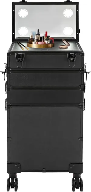 6in1 Rolling Makeup Train Case on Wheels, 5 Tiers Aluminum Cosmetic Lockable Trolley Large Makeup Suitcase Cosmetic Trolley w/Mirror of LED Lighted, Professional Makeup Travel Case