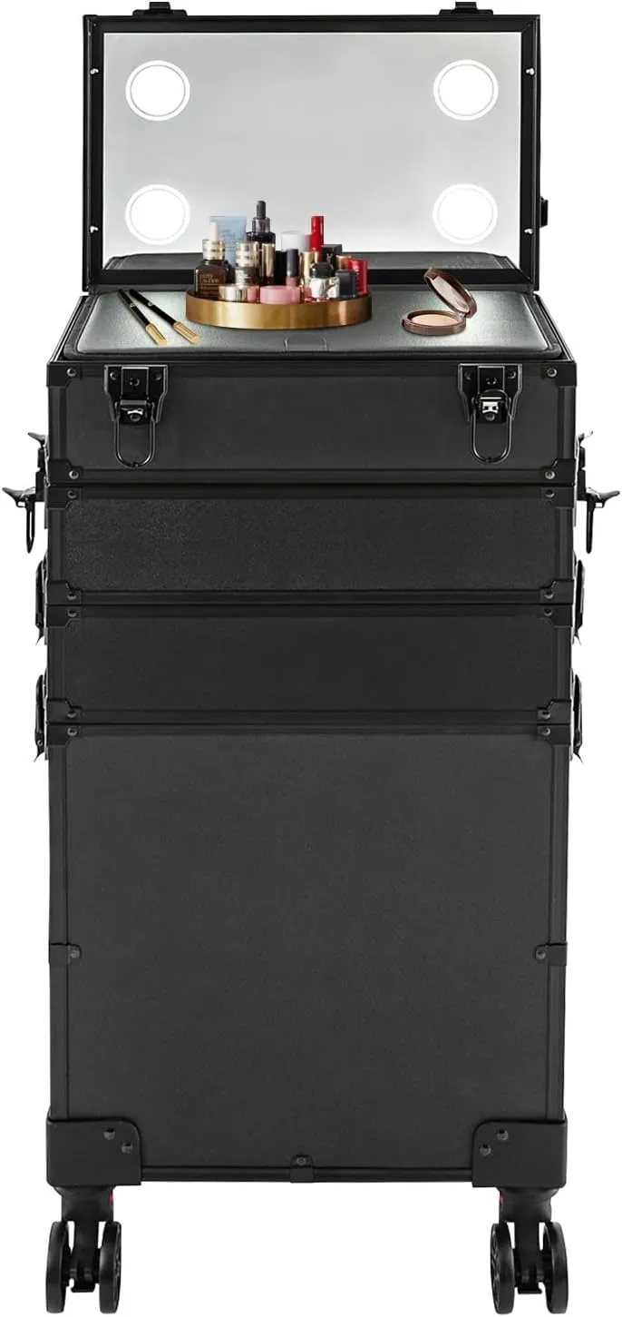 6in1 Rolling Makeup Train Case on Wheels, 5 Tiers Aluminum Cosmetic Lockable Trolley Large Makeup Suitcase Cosmetic Trolley w/Mirror of LED Lighted, Professional Makeup Travel Case