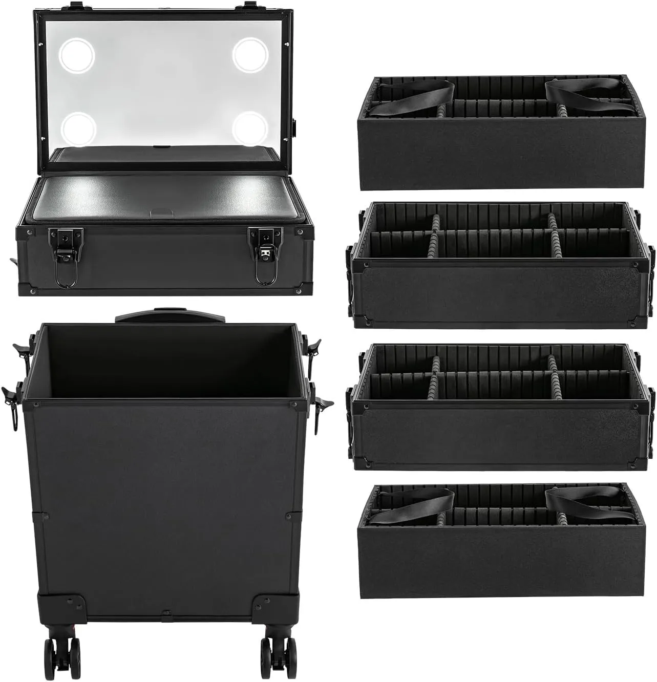 6in1 Rolling Makeup Train Case on Wheels, 5 Tiers Aluminum Cosmetic Lockable Trolley Large Makeup Suitcase Cosmetic Trolley w/Mirror of LED Lighted, Professional Makeup Travel Case
