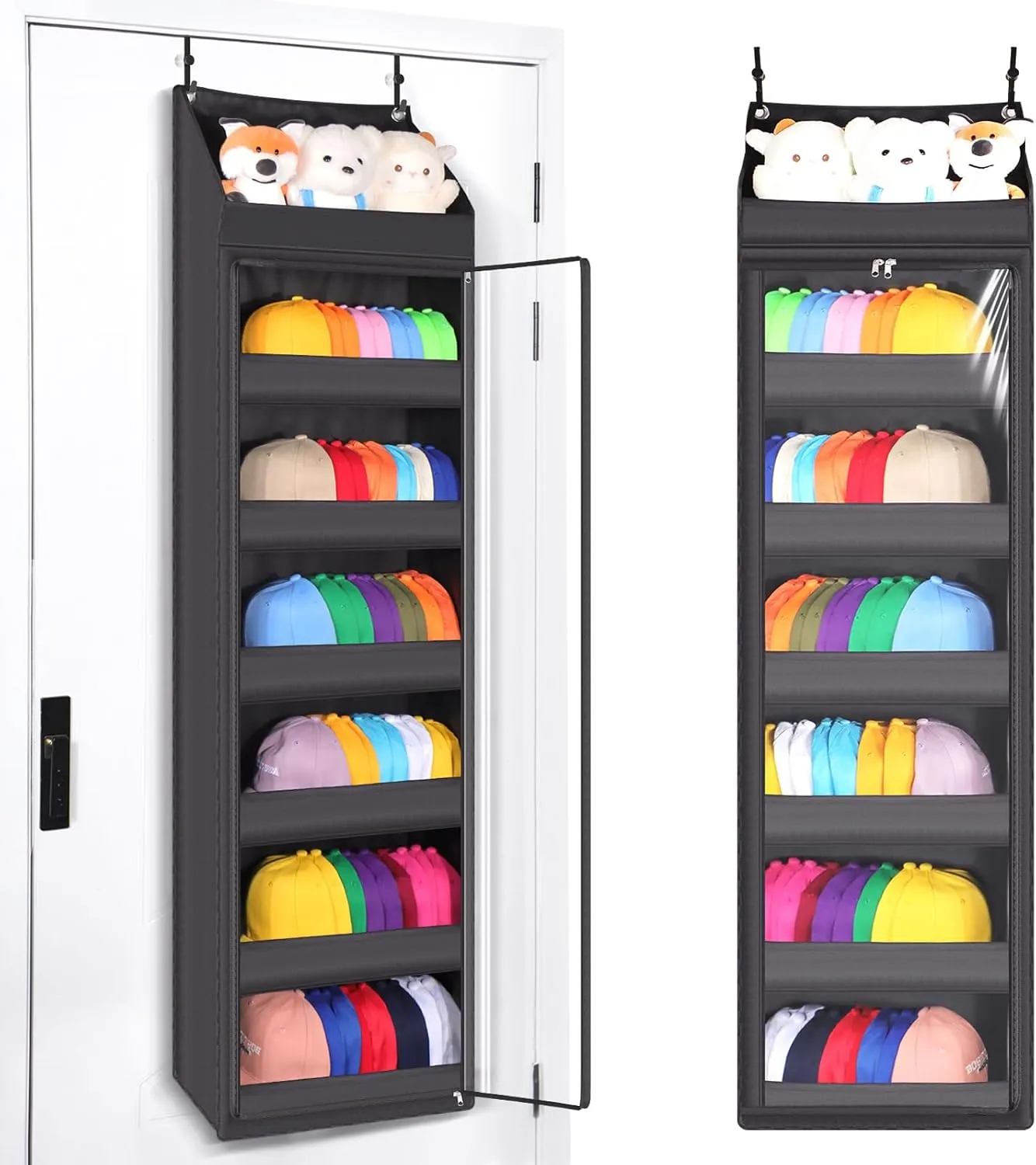 7-Layer Door-Mounted Baseball Cap Organizer, Dust-Proof Hat Rack Holds 90 Hats, Adjustable Non-Slip Hooks, Multi-Purpose Organizer for Nursery, Bathroom, Bedroom - Patented Design（black）