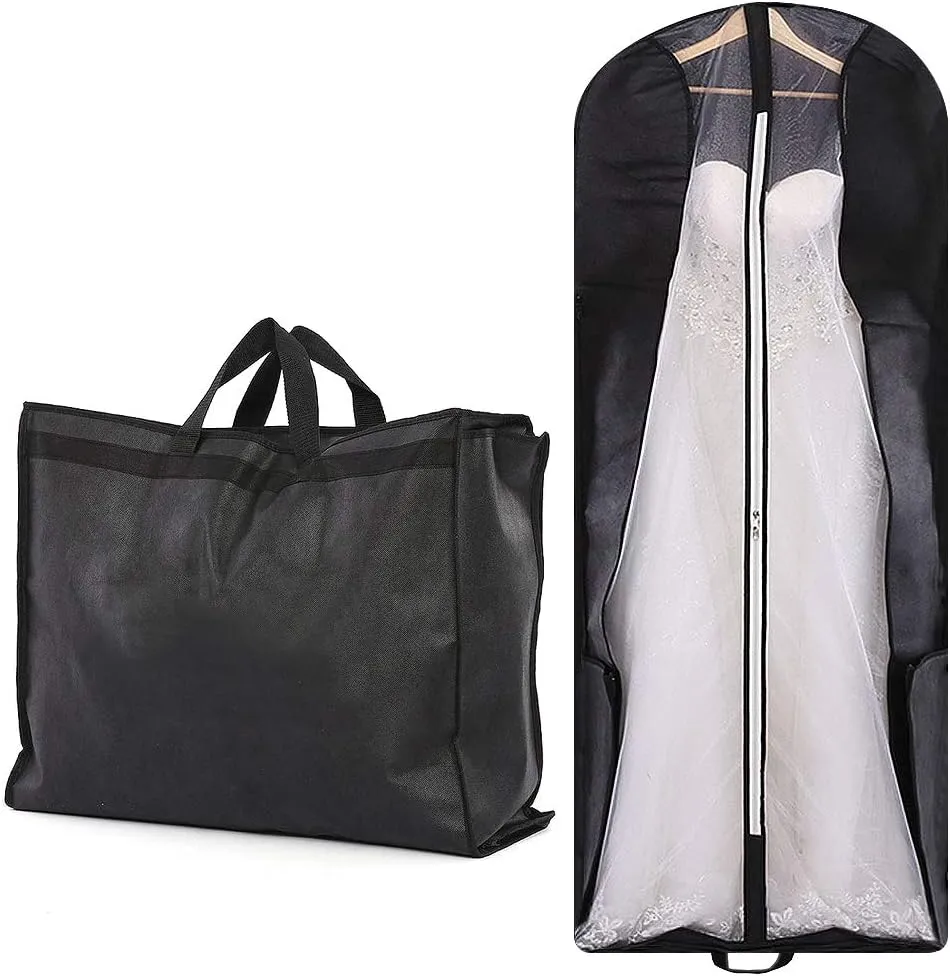 70" Bridal Wedding Gown Garment Bag Extra Large Foldable Portable Travel Dress Cover Hanging Luggage with Pockets for Womens, 8" Gusseted Black