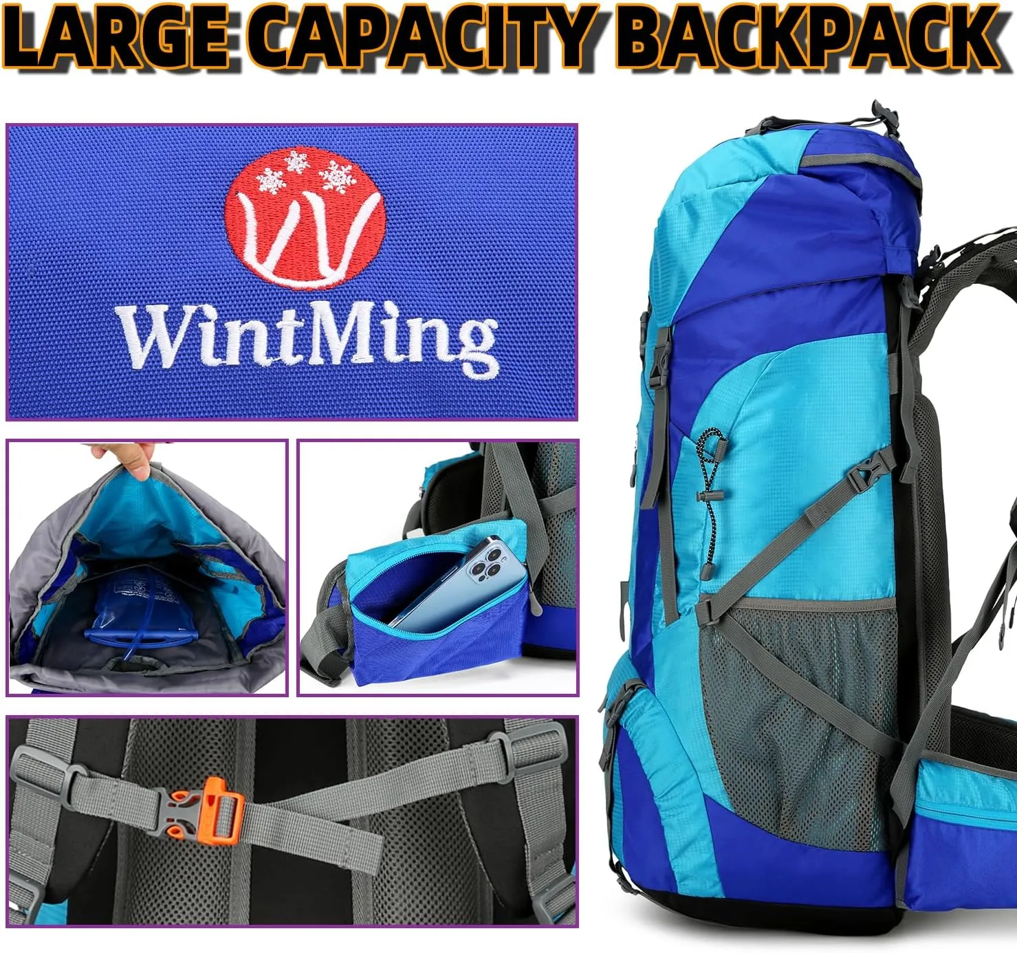 75L Hiking Backpack for Men Women Daypack Backpack Outdoor Waterproof Camping Backpack with Rain Cover (Blue)
