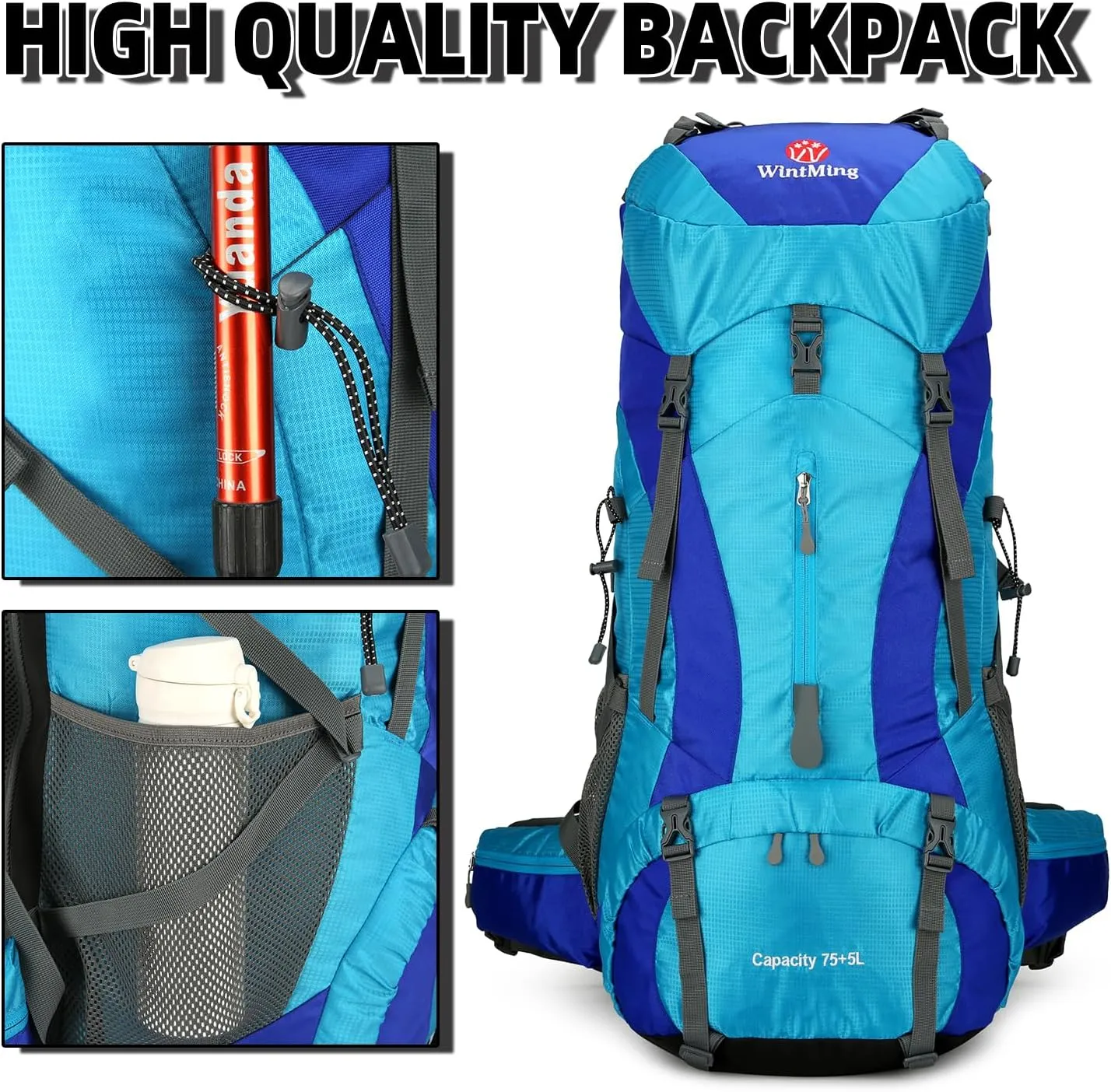 75L Hiking Backpack for Men Women Daypack Backpack Outdoor Waterproof Camping Backpack with Rain Cover (Blue)