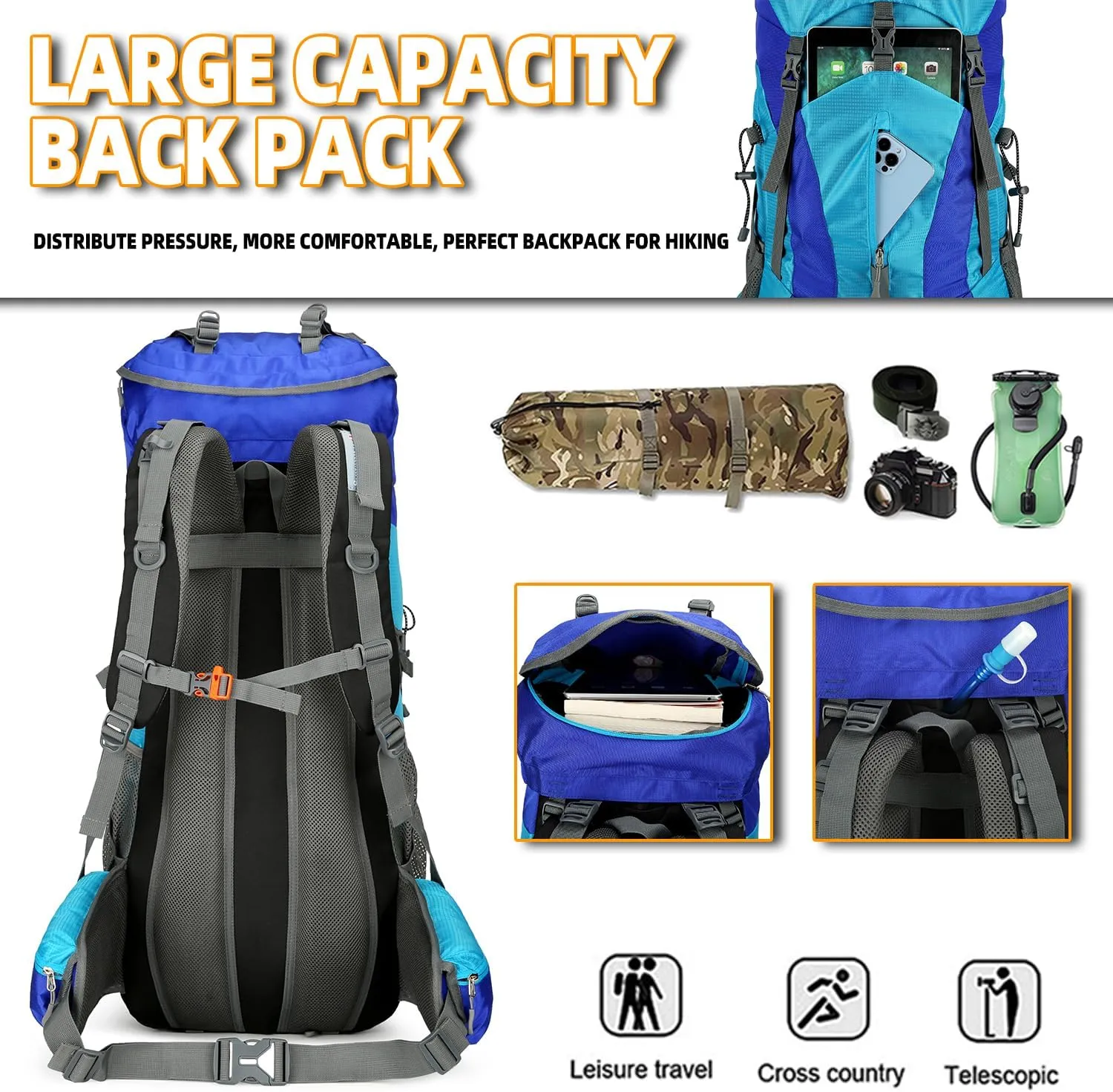 75L Hiking Backpack for Men Women Daypack Backpack Outdoor Waterproof Camping Backpack with Rain Cover (Blue)