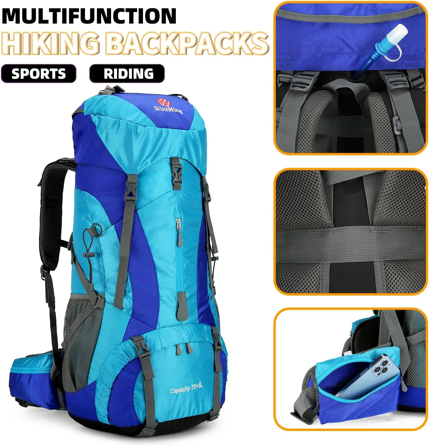 75L Hiking Backpack for Men Women Daypack Backpack Outdoor Waterproof Camping Backpack with Rain Cover (Blue)