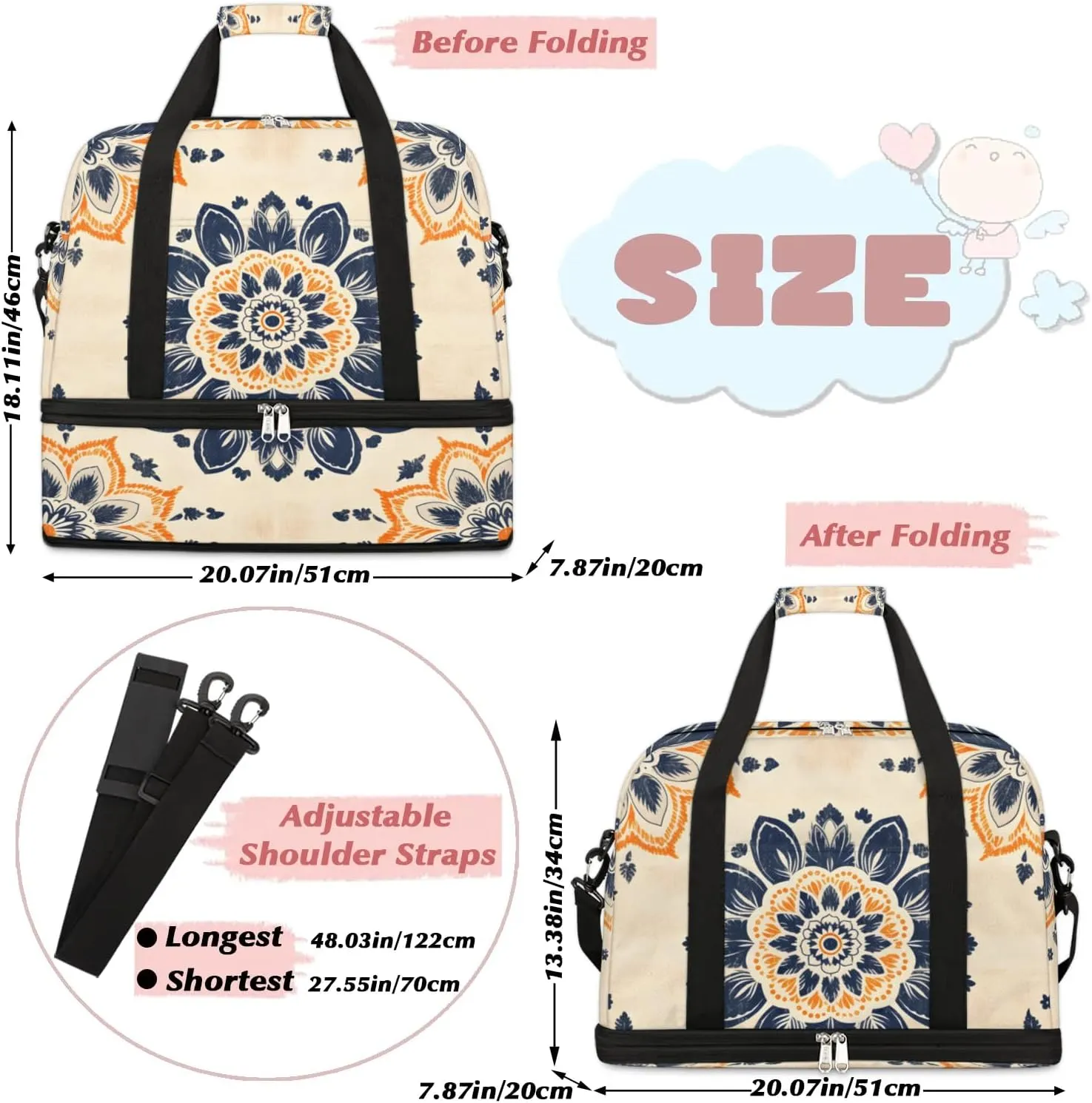 Abstract Boho Flora Pattern Travel Duffle Bag, Collapsible Travel Bag Sports Gym Bag With Shoes Compartment Weekender Bag Overnight Bag For Women Men