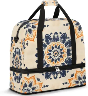Abstract Boho Flora Pattern Travel Duffle Bag, Collapsible Travel Bag Sports Gym Bag With Shoes Compartment Weekender Bag Overnight Bag For Women Men