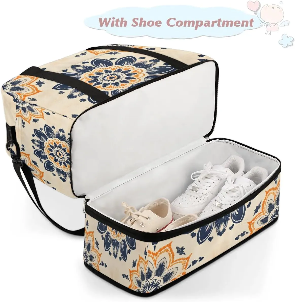 Abstract Boho Flora Pattern Travel Duffle Bag, Collapsible Travel Bag Sports Gym Bag With Shoes Compartment Weekender Bag Overnight Bag For Women Men