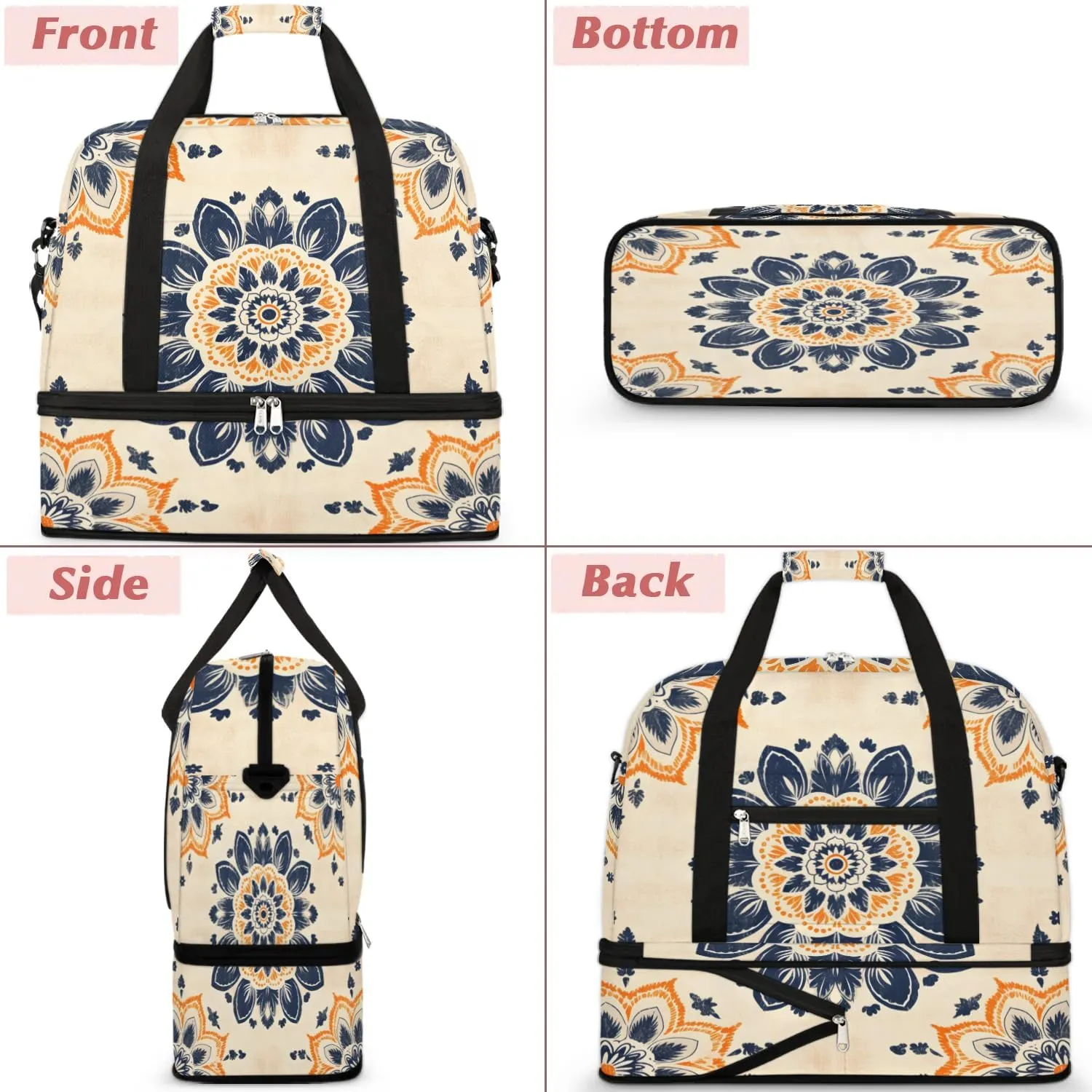 Abstract Boho Flora Pattern Travel Duffle Bag, Collapsible Travel Bag Sports Gym Bag With Shoes Compartment Weekender Bag Overnight Bag For Women Men