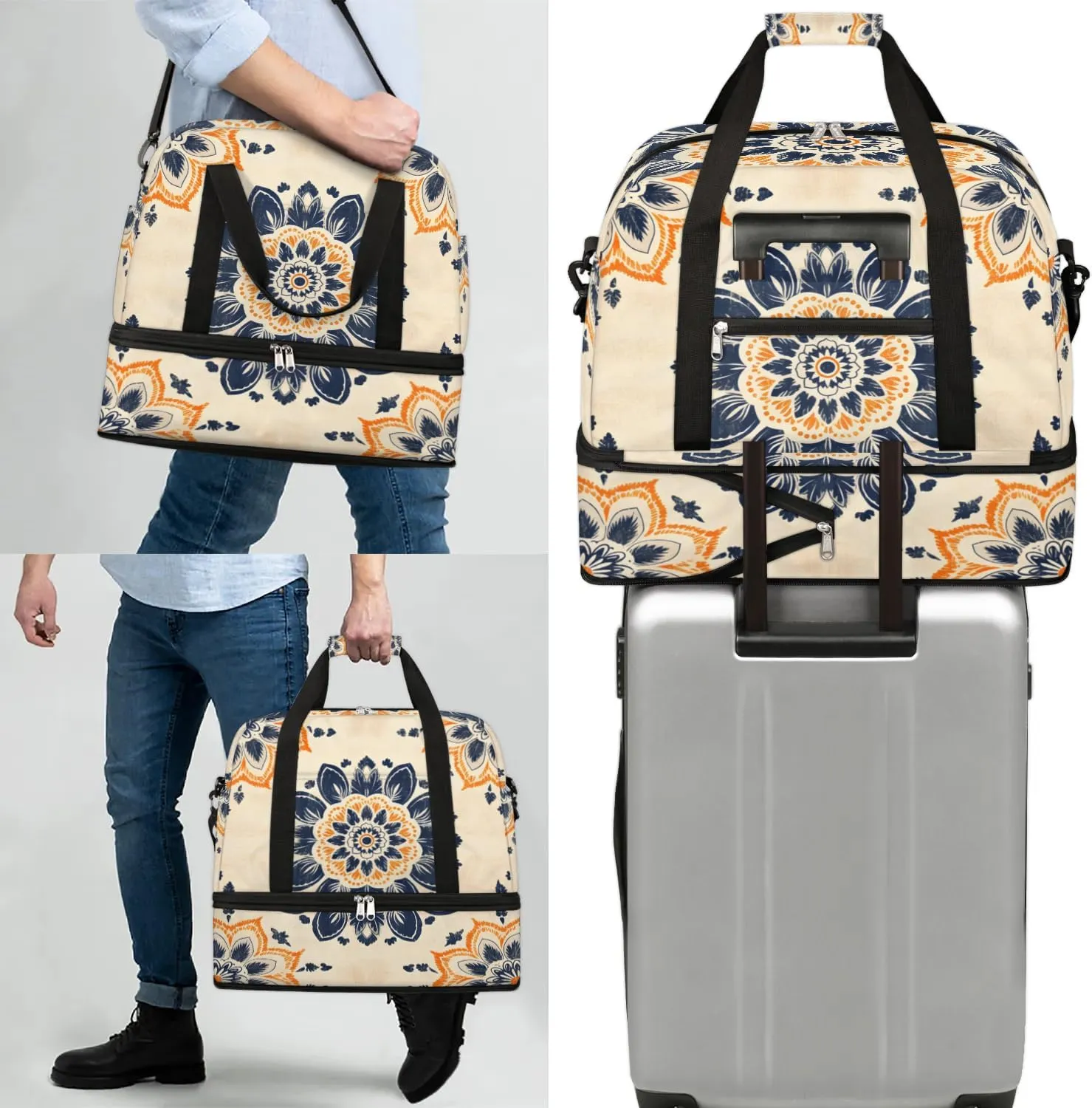 Abstract Boho Flora Pattern Travel Duffle Bag, Collapsible Travel Bag Sports Gym Bag With Shoes Compartment Weekender Bag Overnight Bag For Women Men