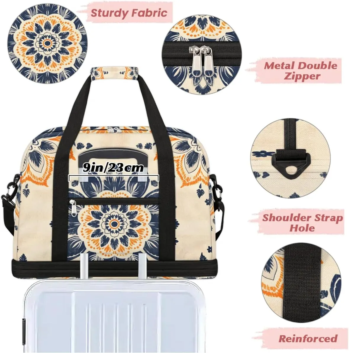 Abstract Boho Flora Pattern Travel Duffle Bag, Collapsible Travel Bag Sports Gym Bag With Shoes Compartment Weekender Bag Overnight Bag For Women Men