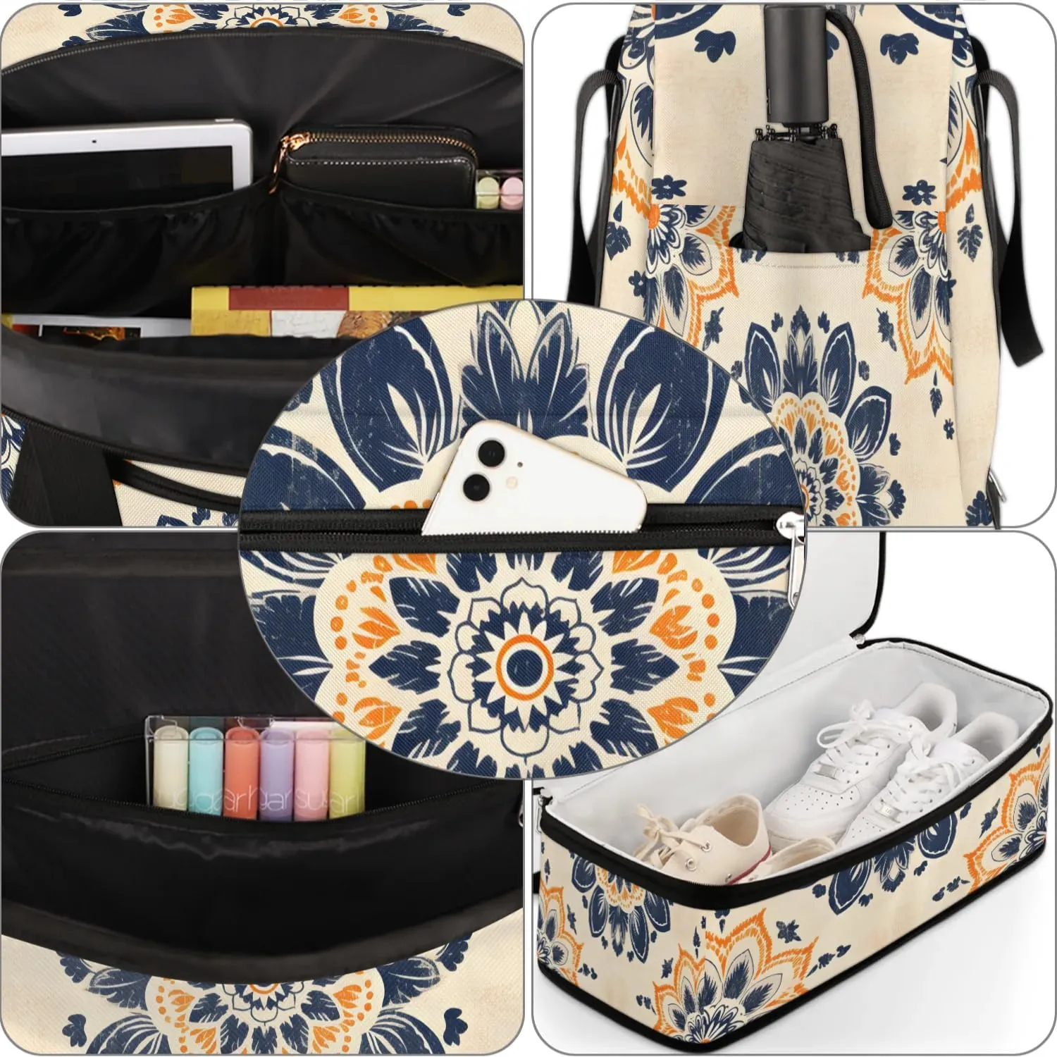 Abstract Boho Flora Pattern Travel Duffle Bag, Collapsible Travel Bag Sports Gym Bag With Shoes Compartment Weekender Bag Overnight Bag For Women Men