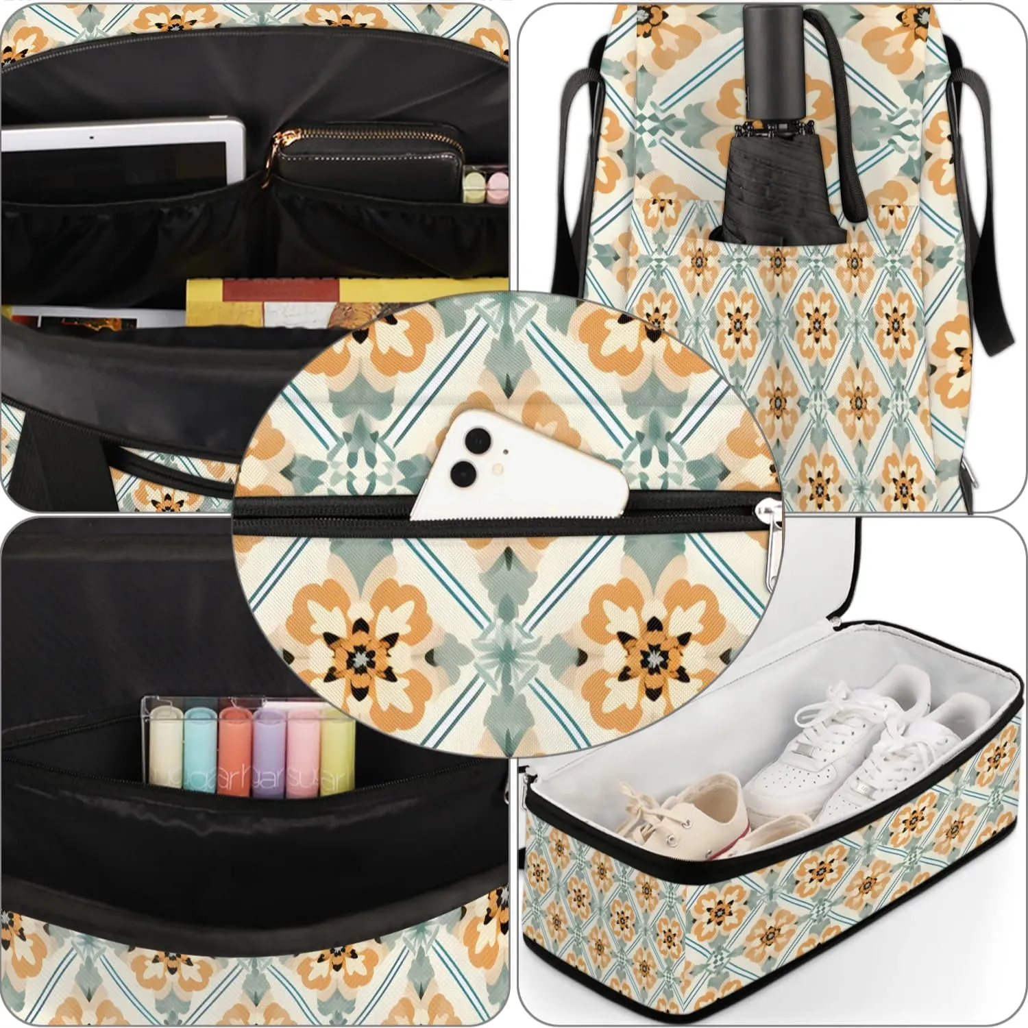 Abstract Flora Boho Print Travel Duffle Bag, Collapsible Travel Bag Sports Gym Bag With Shoes Compartment Weekender Bag Overnight Bag For Women Men