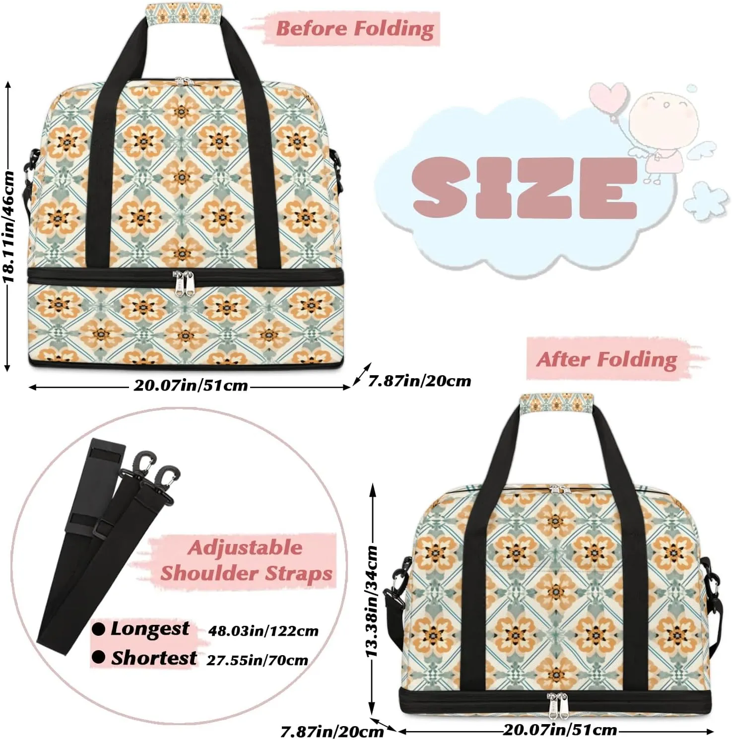 Abstract Flora Boho Print Travel Duffle Bag, Collapsible Travel Bag Sports Gym Bag With Shoes Compartment Weekender Bag Overnight Bag For Women Men