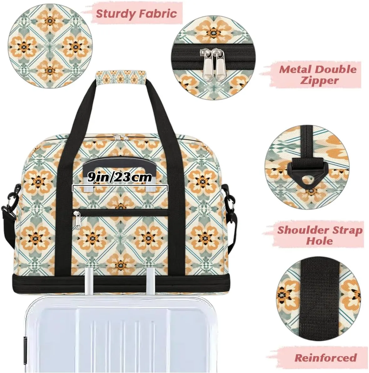 Abstract Flora Boho Print Travel Duffle Bag, Collapsible Travel Bag Sports Gym Bag With Shoes Compartment Weekender Bag Overnight Bag For Women Men