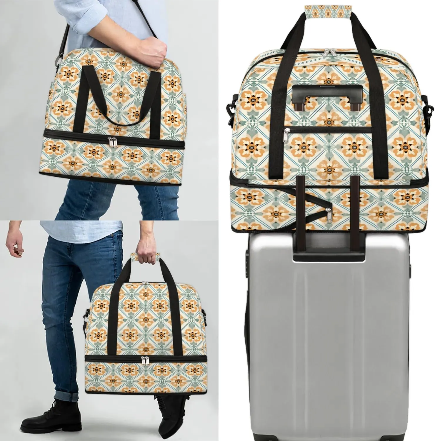 Abstract Flora Boho Print Travel Duffle Bag, Collapsible Travel Bag Sports Gym Bag With Shoes Compartment Weekender Bag Overnight Bag For Women Men