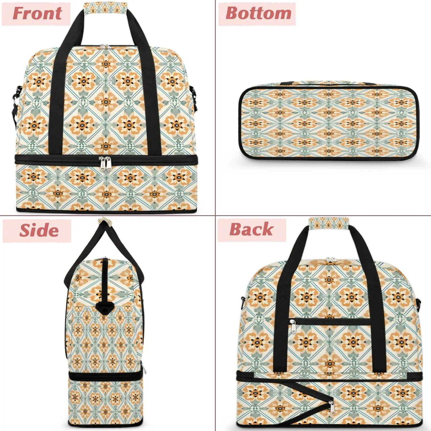 Abstract Flora Boho Print Travel Duffle Bag, Collapsible Travel Bag Sports Gym Bag With Shoes Compartment Weekender Bag Overnight Bag For Women Men