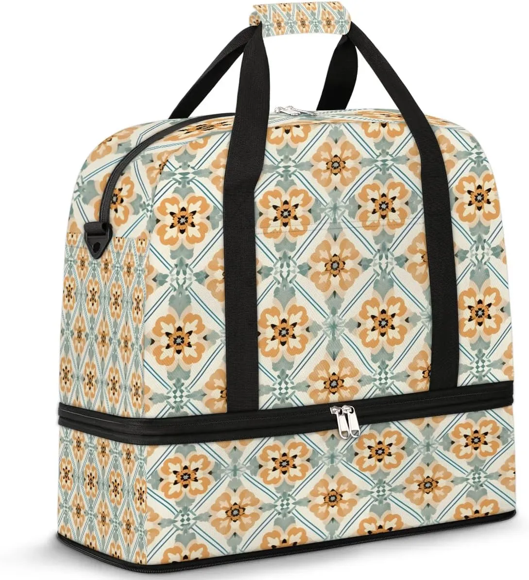 Abstract Flora Boho Print Travel Duffle Bag, Collapsible Travel Bag Sports Gym Bag With Shoes Compartment Weekender Bag Overnight Bag For Women Men