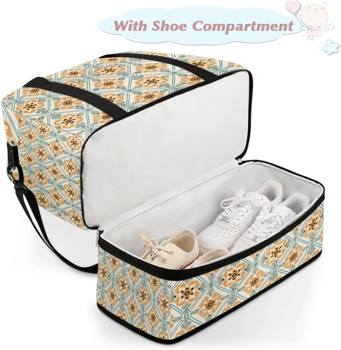 Abstract Flora Boho Print Travel Duffle Bag, Collapsible Travel Bag Sports Gym Bag With Shoes Compartment Weekender Bag Overnight Bag For Women Men
