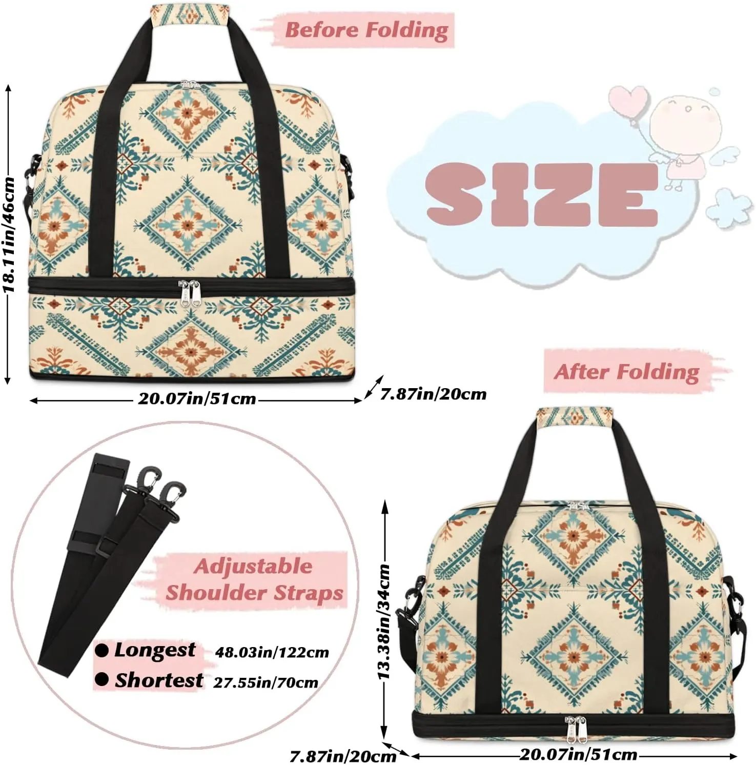 Abstract Flora Boho Travel Duffle Bag, Collapsible Travel Bag Sports Gym Bag With Shoes Compartment Weekender Bag Overnight Bag For Women Men