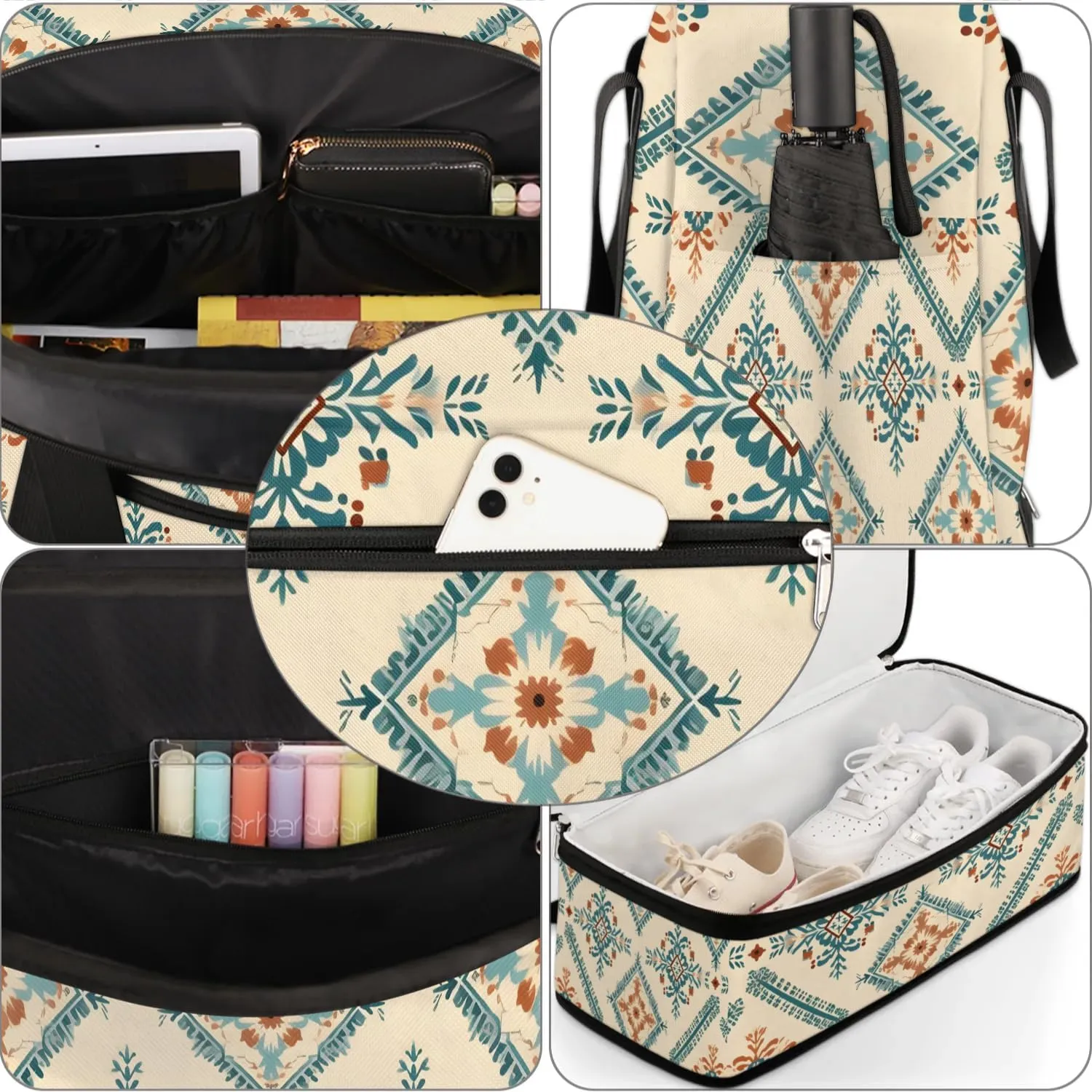 Abstract Flora Boho Travel Duffle Bag, Collapsible Travel Bag Sports Gym Bag With Shoes Compartment Weekender Bag Overnight Bag For Women Men