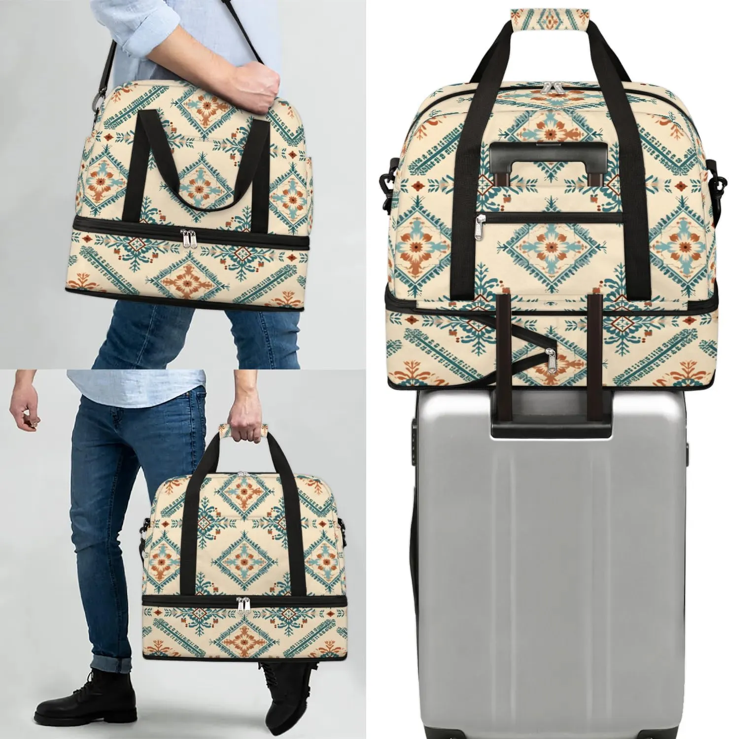 Abstract Flora Boho Travel Duffle Bag, Collapsible Travel Bag Sports Gym Bag With Shoes Compartment Weekender Bag Overnight Bag For Women Men