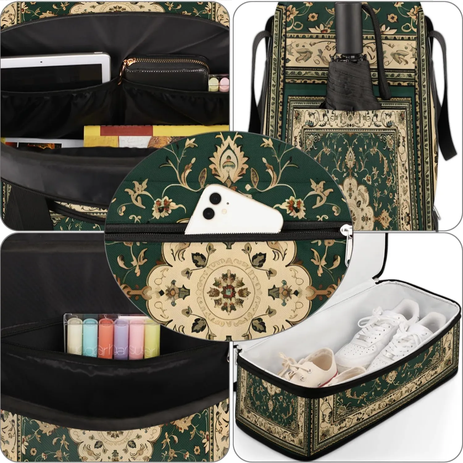 Abstract Flora Retro Patterns Travel Duffle Bag, Collapsible Travel Bag Sports Gym Bag With Shoes Compartment Weekender Bag Overnight Bag For Women Men