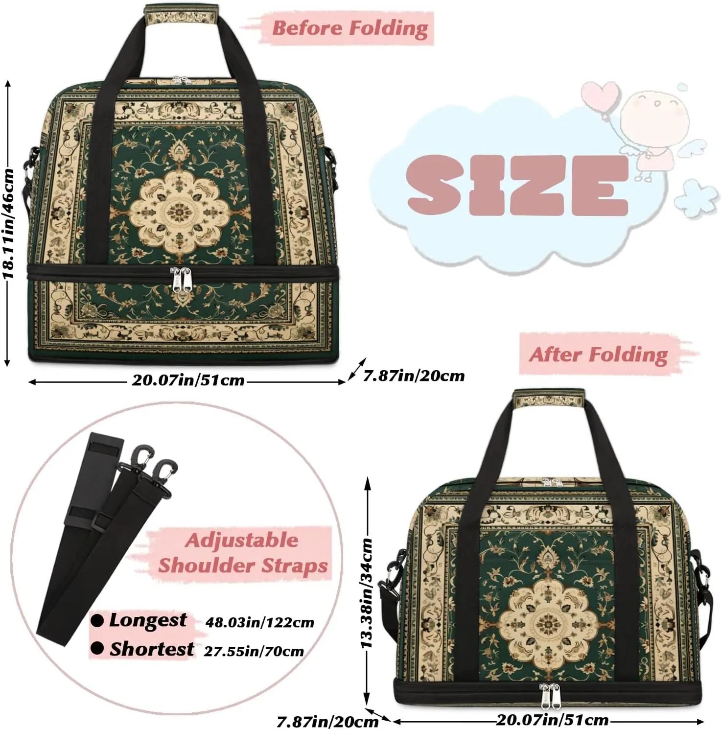 Abstract Flora Retro Patterns Travel Duffle Bag, Collapsible Travel Bag Sports Gym Bag With Shoes Compartment Weekender Bag Overnight Bag For Women Men