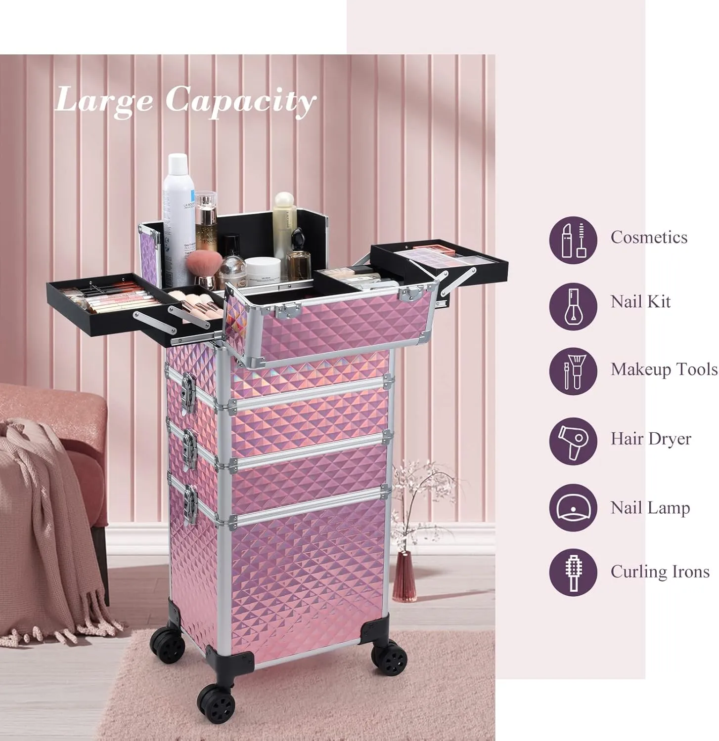 Adazzo 4 in 1 Rolling Makeup Trolley Train Case Cosmetic Suitcase, Box for Makeup Artist, Hairstylists, Nail Tech Students Barber Case with Keys Swivel Wheels - Shiny Pink