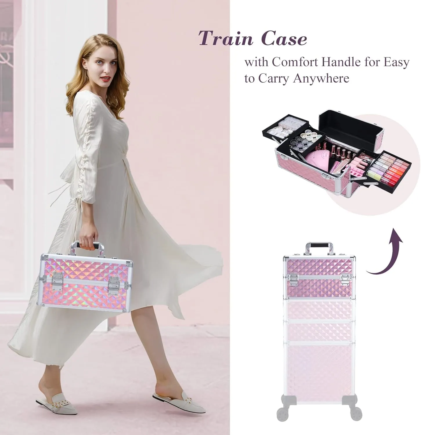 Adazzo 4 in 1 Rolling Makeup Trolley Train Case Cosmetic Suitcase, Box for Makeup Artist, Hairstylists, Nail Tech Students Barber Case with Keys Swivel Wheels - Shiny Pink