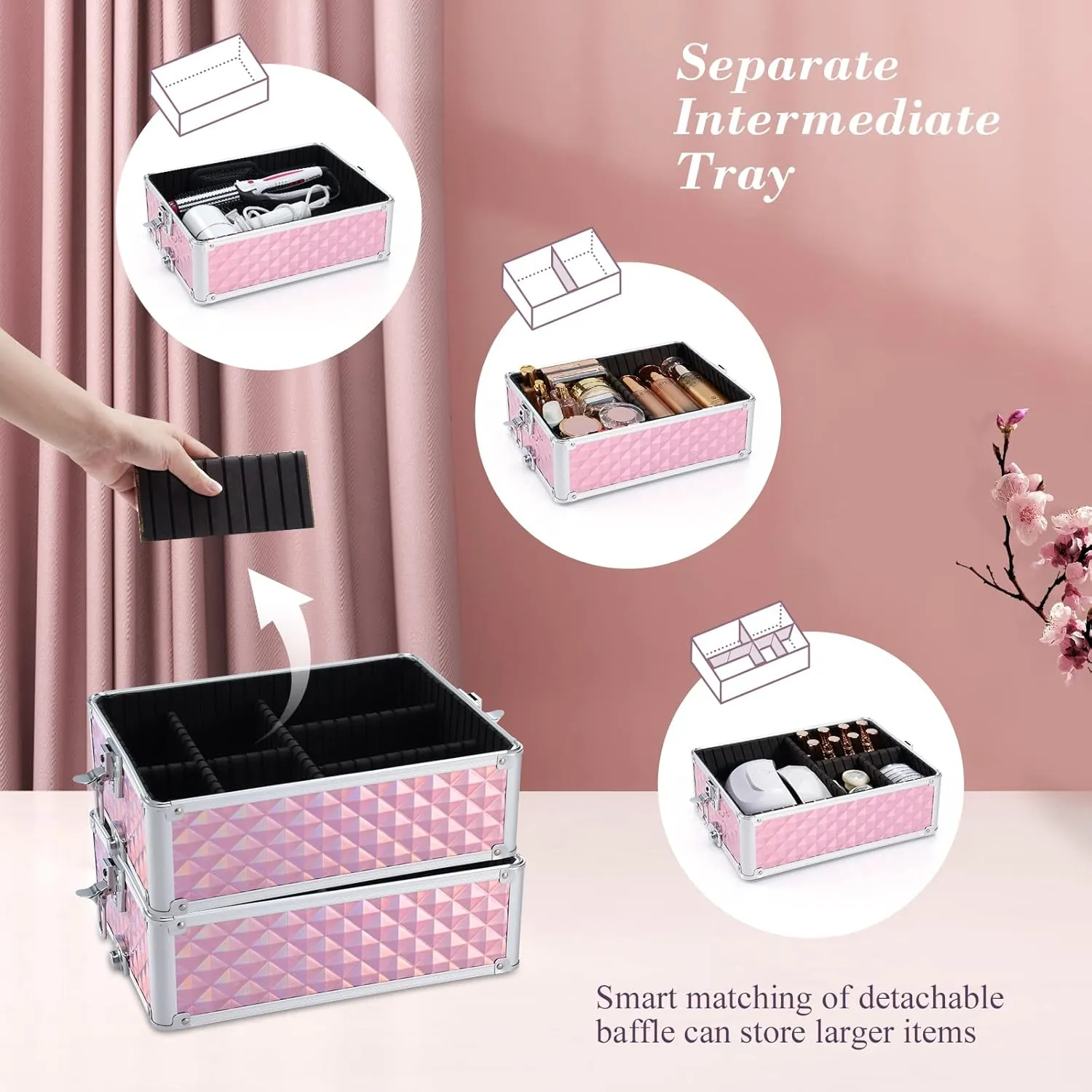 Adazzo 4 in 1 Rolling Makeup Trolley Train Case Cosmetic Suitcase, Box for Makeup Artist, Hairstylists, Nail Tech Students Barber Case with Keys Swivel Wheels - Shiny Pink