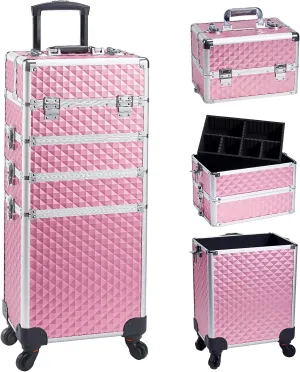 Adazzo 4 in 1 Rolling Makeup Trolley Train Case Cosmetic Suitcase, Box for Makeup Artist, Hairstylists, Nail Tech Students Barber Case with Keys Swivel Wheels - Shiny Pink
