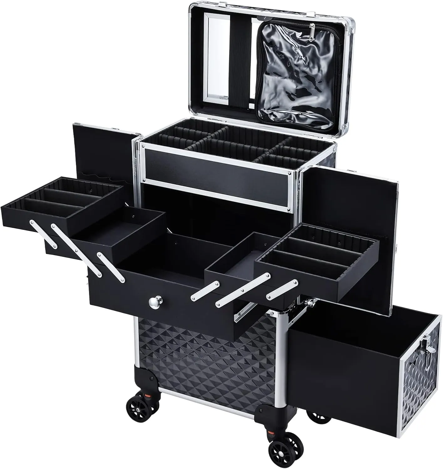 Adazzo Professional Makeup Artist Rolling Train Case Multi-functional Cosmetic Train Case Large Trolley Storage Case for Nail Technicians Cosmetology Case with Compartments for Hairstylist (Black)