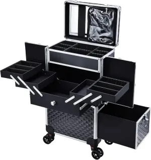 Adazzo Professional Makeup Artist Rolling Train Case Multi-functional Cosmetic Train Case Large Trolley Storage Case for Nail Technicians Cosmetology Case with Compartments for Hairstylist (Black)