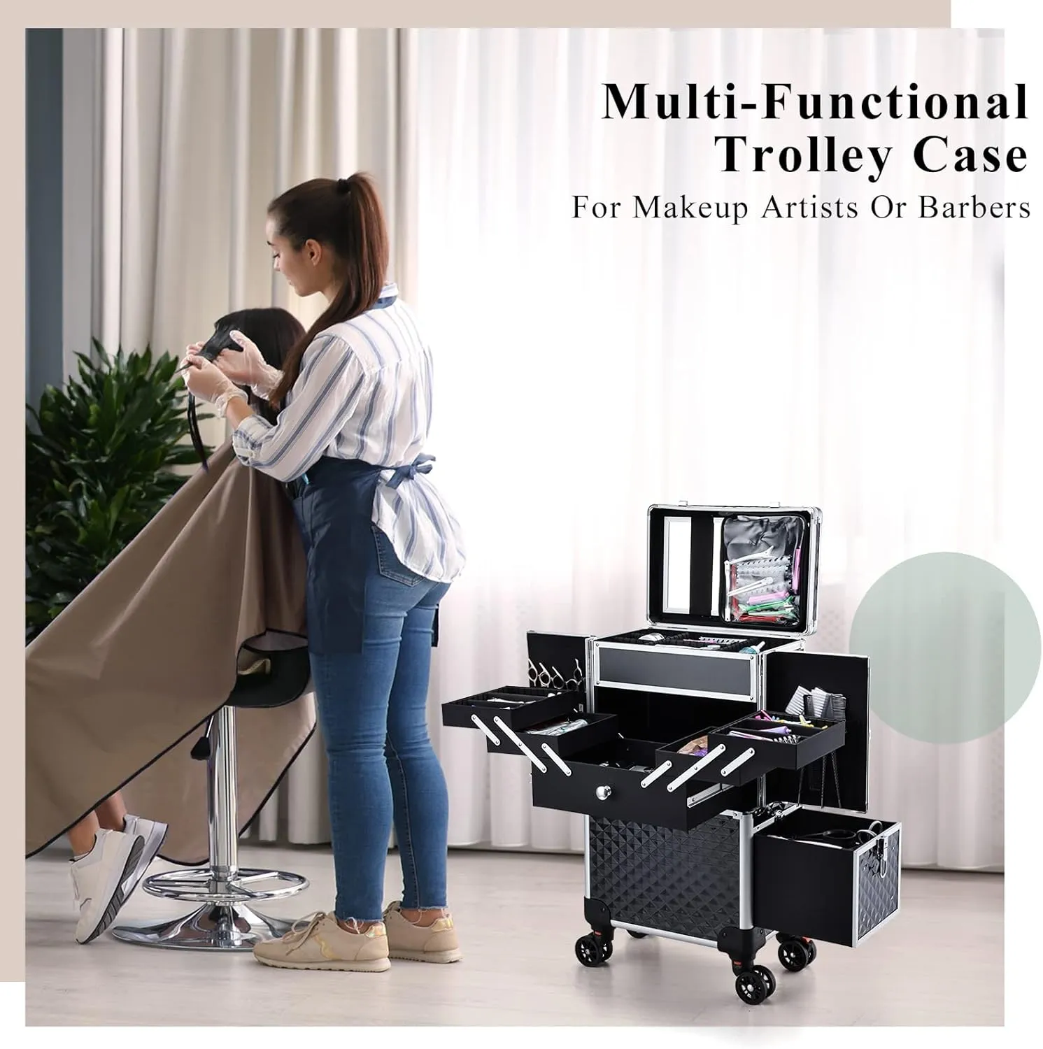 Adazzo Professional Makeup Artist Rolling Train Case Multi-functional Cosmetic Train Case Large Trolley Storage Case for Nail Technicians Cosmetology Case with Compartments for Hairstylist (Black)