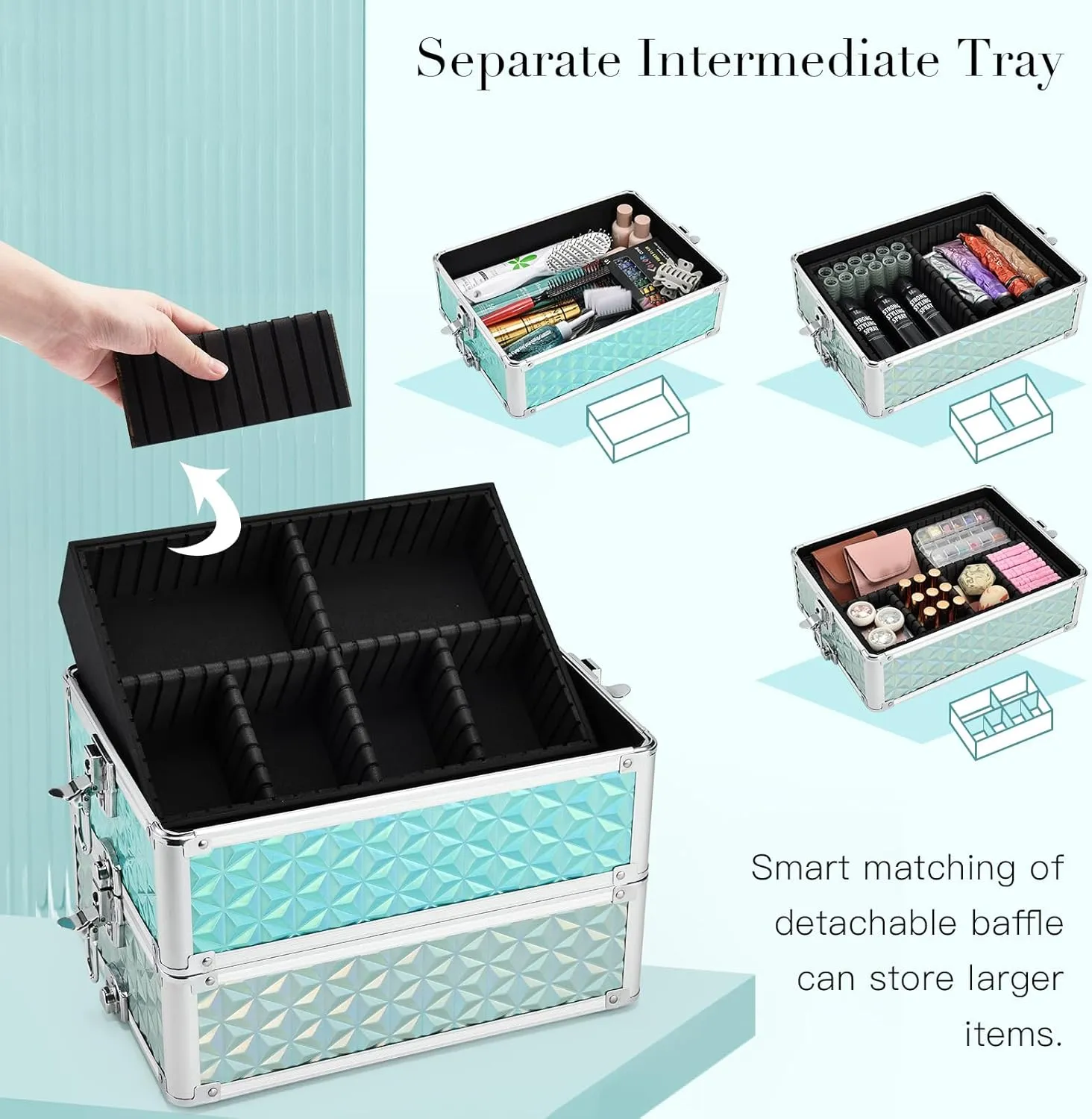 Adazzo Professional Rolling Makeup Train Case 4 in 1 Aluminum Trolley Case with 360° Rotation Wheels for Makuep Artist Cosmetic Suitcase Organizer with Lock and Key Diamond Pattern - Turquoise